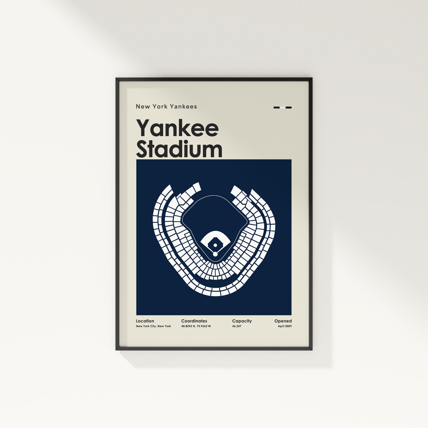 Framed poster of Yankee Stadium layout with New York Yankees branding on a white wall.