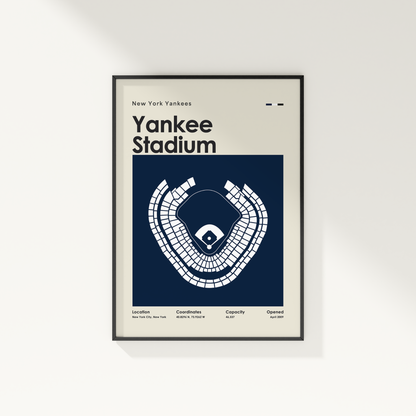 Framed poster of Yankee Stadium layout with New York Yankees branding on a white wall.