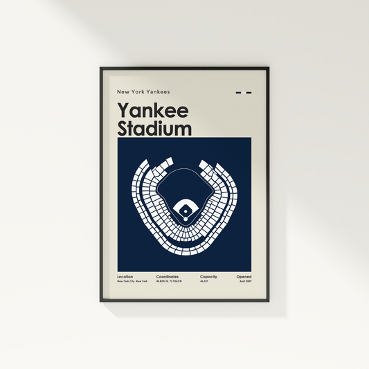 Framed poster of Yankee Stadium layout with New York Yankees branding on a white wall.