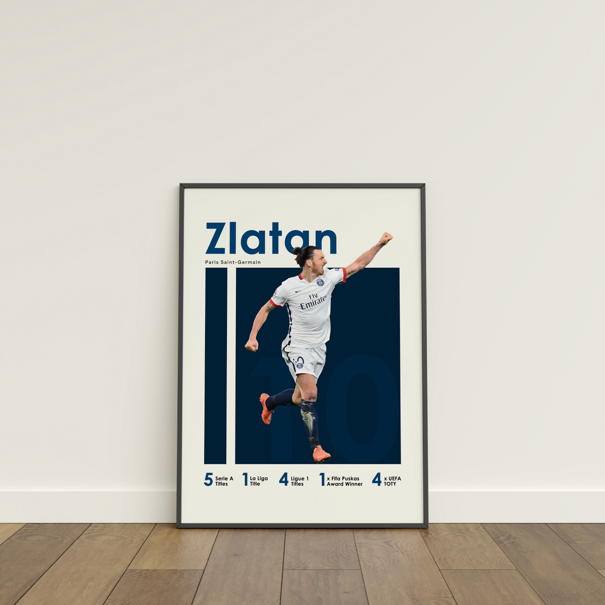 framed poster mockup of soccer player zlatan ibrahimovic leaning on a white wall